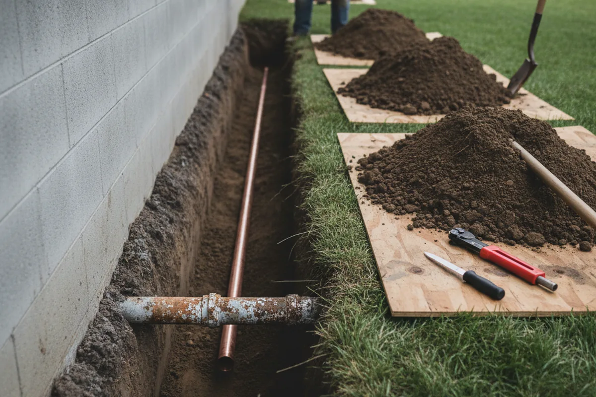 Excavated water line trench during Water Heater Repair in Grantville